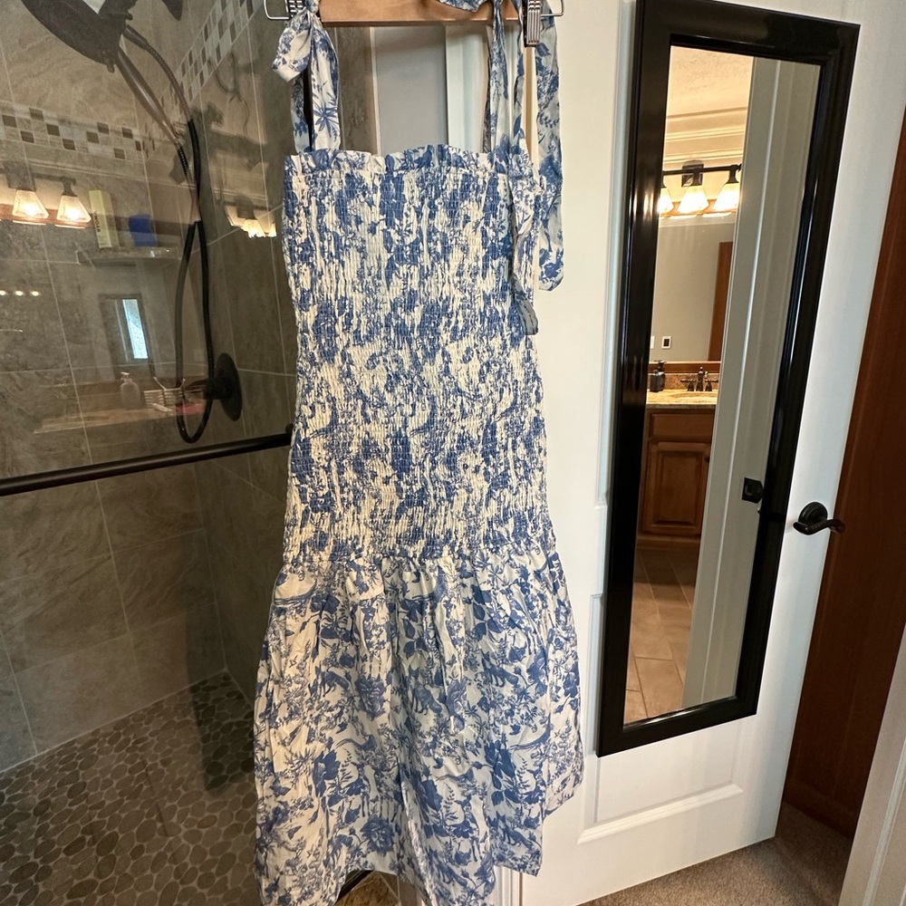 Blue and White Smocked Midi Sundress